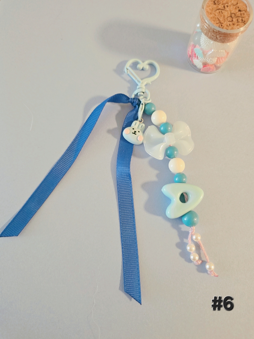 Blue Ribbon Bead Charm Keychain with Heart Clip
